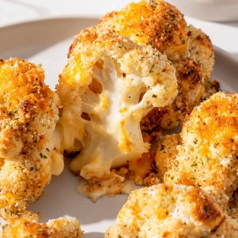 A whole roasted Cheesy Stuffed Cauliflower Head, golden and bubbly, sliced to reveal a creamy, savory cheese filling inside.