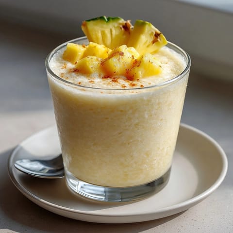 Creamy pineapple coconut shake with banana, served ice cold for a refreshing summer treat.