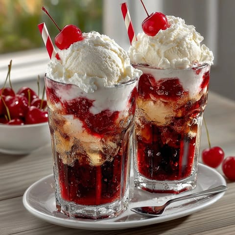 Cold, bubbly Rebel Float Cherry‑Cola Cream Fizz, a delicious vanilla ice cream soda treat.