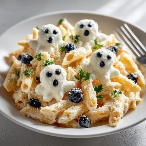 This Halloween Ghostly White Sauce Pasta features cute mozzarella ghosts atop a creamy, cheesy penne dish.