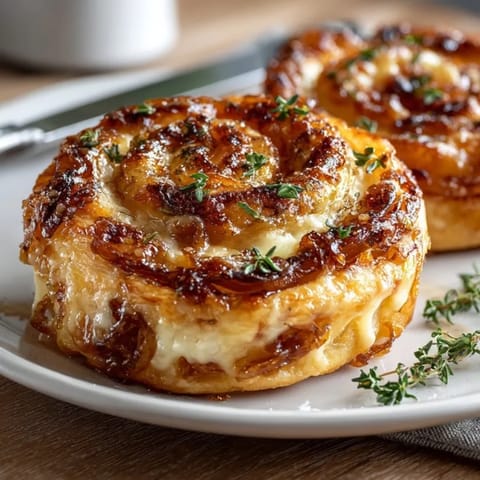 Warm, cheesy Caramelized Onion Grilled Cheese Spirals with caramelized onions visible, served fresh from the oven.