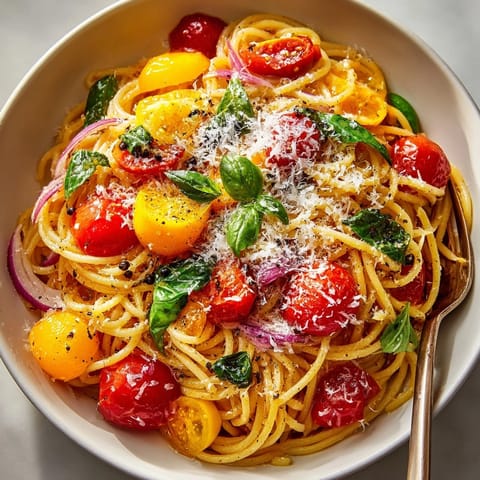 This Heirloom Tomato Pasta with Aged Balsamic Pearls features tender pasta coated in a glossy tomato sauce.