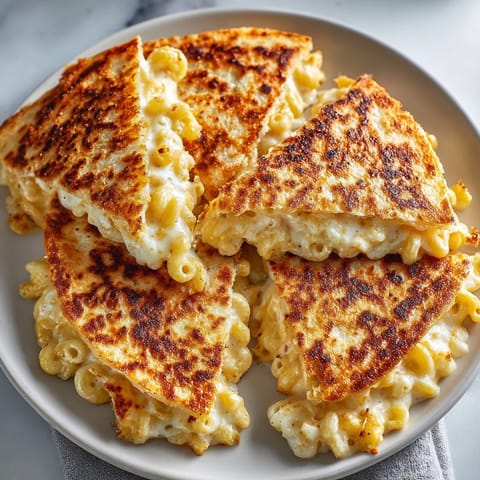 Golden mac and cheese quesadillas stacked on a plate, perfect for a cozy family meal.