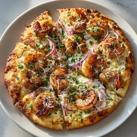 Close-up of Shrimp Alfredo Pizza topped with succulent shrimp, creamy sauce, and melted mozzarella.