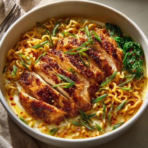 Close-up of Fiery Chicken Ramen with Creamy Garlic Sauce, tender chicken slices and glossy noodles.