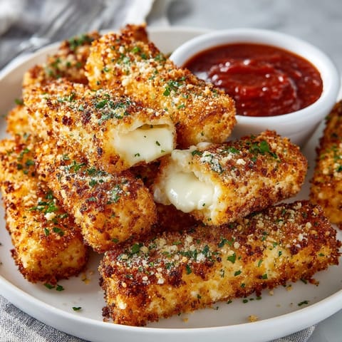 Close-up of golden, homemade air fryer mozzarella sticks with melted cheese stretching inside.