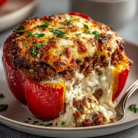 Hearty Alfredo sausage stuffed peppers with creamy sauce and bubbly melted mozzarella on top.