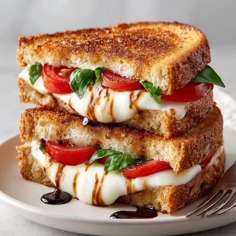 Close-up of melty Grilled Cheese Caprese Sandwich, juicy tomatoes and balsamic glaze on rustic sourdough.