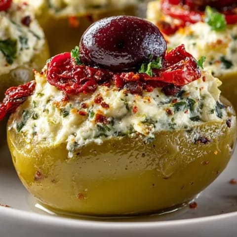 Homemade Eyeball Stuffed Olives: Salty green olives filled with festive cream cheese and peppers.