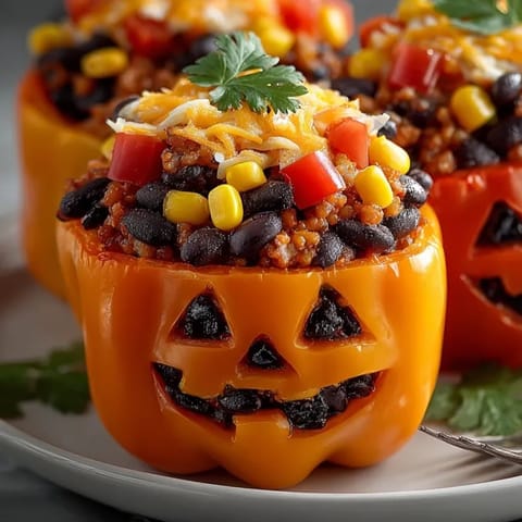 Hearty Black Bean Stuffed Peppers: savory filling of rice, beans, and corn bursting from tender peppers.