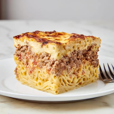 Golden baked Greek Pastitsio showcasing tubular pasta and a savory meat sauce.  