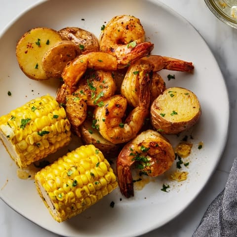 Spicy Cajun Shrimp & sweet corn arranged on a platter, offering delicious, flavorful seafood and vegetables.