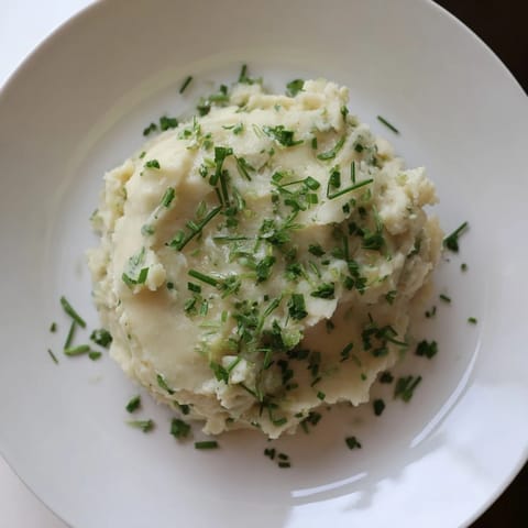 Fluffy cauliflower mash, a bright and easy recipe, garnished with fresh herbs and lemon zest.
