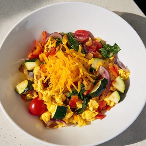 Fluffy baked egg & veggie sheet pan scramble with roasted vegetables and melted cheese, a quick breakfast idea.