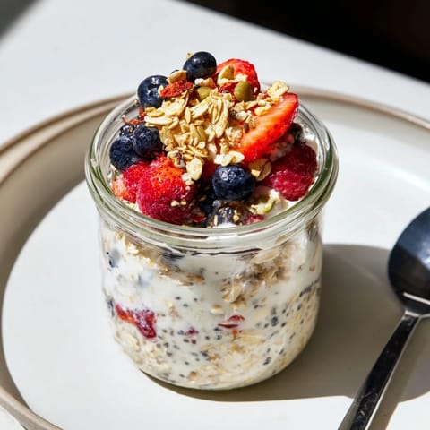 A close-up of fully-loaded overnight oats in jars, overflowing with creamy goodness and various toppings.