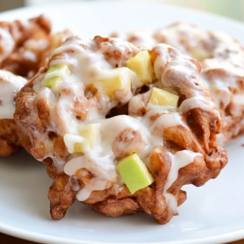 Freshly fried apple fritters with tender apple pieces inside, ready to be glazed for serving.