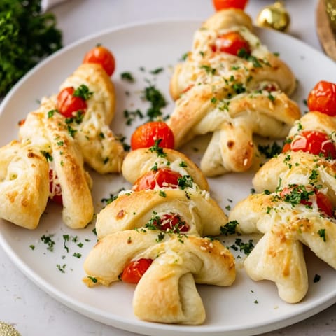 Freshly baked Budget Christmas Crescent Roll Trees, topped with vibrant red tomato "ornaments," ready to eat.