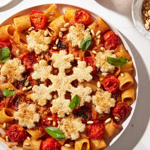 Creamy, bubbling baked goat cheese atop a festive Baked Goat Cheese Snowflake Tomato Basil Pasta dish.