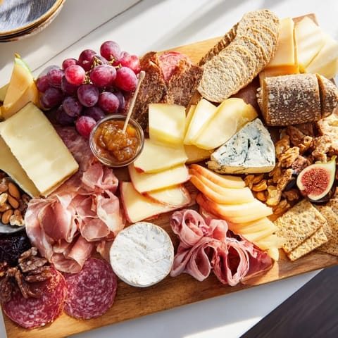 Wine Pairing Board artfully arranged with cheeses, meats, fruits, and nuts for an amazing appetizer.