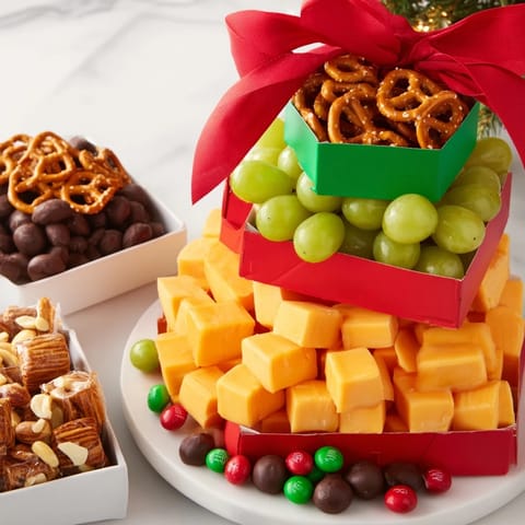 Stacked Christmas Gift Snack Tower bursting with cheese cubes, pretzels, nuts, and vibrant green grapes.