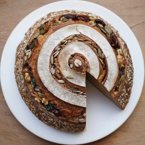 Freshly baked Fibonacci spiral growth bread, showing the visual delight of the spiraling dough layers.