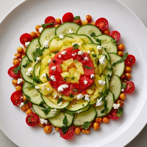 Artfully layered concentric rings recipe with refreshing watermelon, crisp cucumbers, and zesty lemon-drizzled chickpeas.