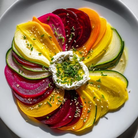 Beautifully arranged veggies and goat cheese form a delicious Radial Symmetry Sunburst appetizer.