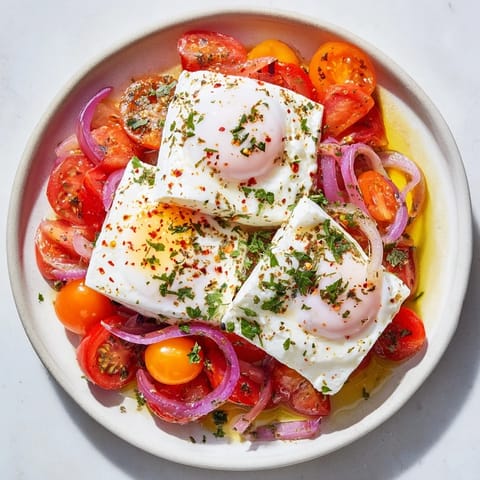 Golden brown Mediterranean Baked Feta & Eggs, surrounded by roasted tomatoes and peppers with fresh parsley.