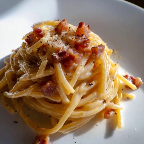 Close-up of freshly made Express Spaghetti Carbonara, showcasing perfectly cooked spaghetti nestled in rich sauce.