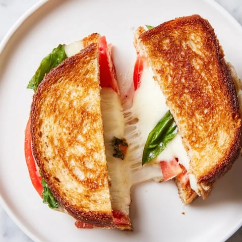 Fresh basil and ripe tomato slices adorn a toasted Tomato Basil Grilled Cheese, served hot on a wooden cutting board.