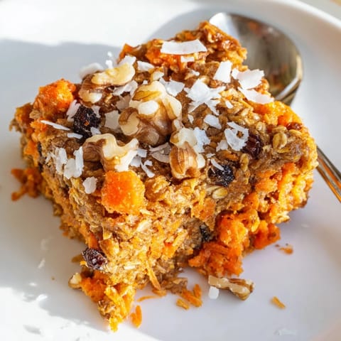 Hearty slice of Carrot Cake Baked Oatmeal served warm on a wooden board, revealing moist texture with flecks of grated carrot and chopped walnuts.