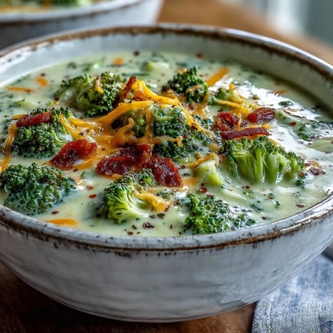 A ladle pours rich Broccoli Cheddar Soup from a pot, revealing tender broccoli florets and sharp cheddar melting into the creamy base.