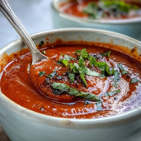 Homemade Roasted Tomato Basil Soup simmering in a pot, garnished with fresh basil and crunchy croutons for a comforting Italian dinner.