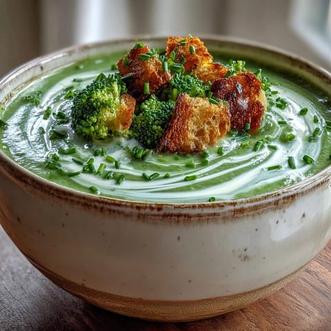 A bowl of velvety Cream of Broccoli Soup paired with crunchy golden croutons.