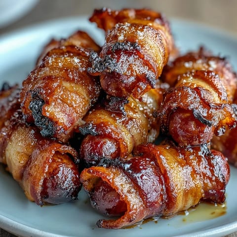 Crispy bacon-wrapped smokies arranged on a platter, glistening with a sweet brown sugar glaze and ready for a party.