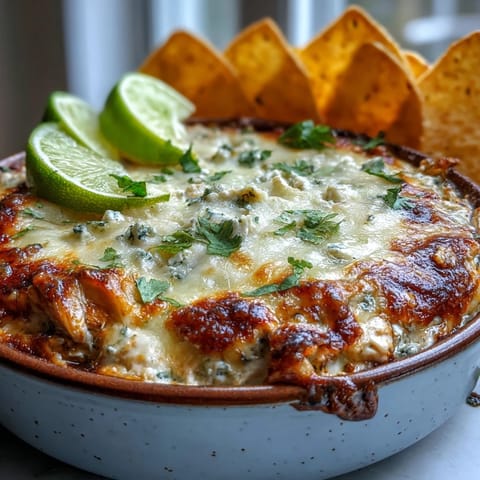 Freshly baked Cilantro and Lime Chicken dip in a ceramic dish, garnished with chopped cilantro and lime wedges, served alongside a colorful bowl of tortilla scoops for dipping.