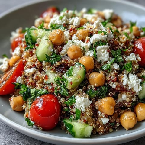 Fluffy quinoa and hearty chickpeas mixed with cherry tomatoes, cucumber, and creamy feta in a bowl.