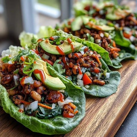 Vibrant Black-Eyed Pea Lettuce Wraps filled with sautéed veggies, cherry tomatoes, and herbs on a clean wooden table.