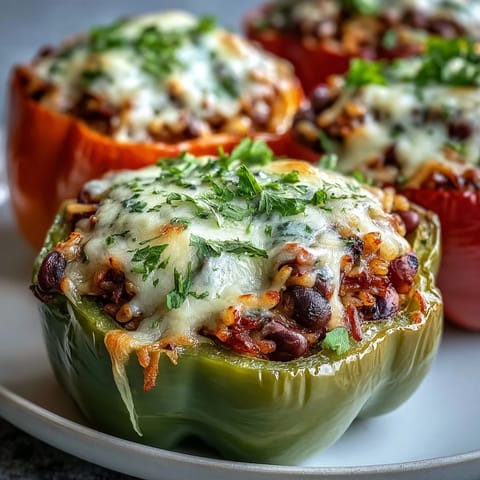 Freshly baked Black-Eyed Pea Stuffed Peppers reveal a hearty filling of beans, rice, and vegetables beside a crisp green salad.