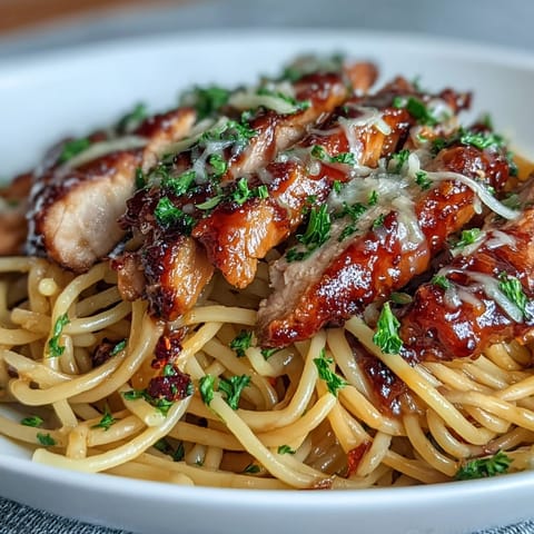 In a skillet, sticky honey garlic sauce coats spaghetti and chicken, with a hint of steam rising and red pepper flakes.