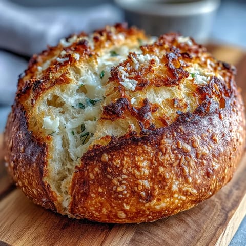 Perfect Parmesan Garlic Artisan Bread with a golden crust, fresh from a hot Dutch oven.