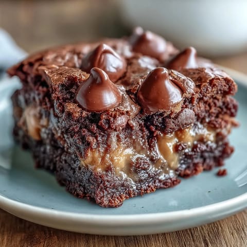 Slices of the Rich Peanut Butter Cup Dump Cake are served warm with a scoop of vanilla ice cream melting over the moist cake.