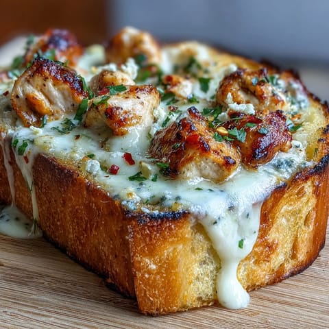 Sliced wedges of Chicken Alfredo Garlic Bread revealing layers of creamy sauce and tender chicken inside.