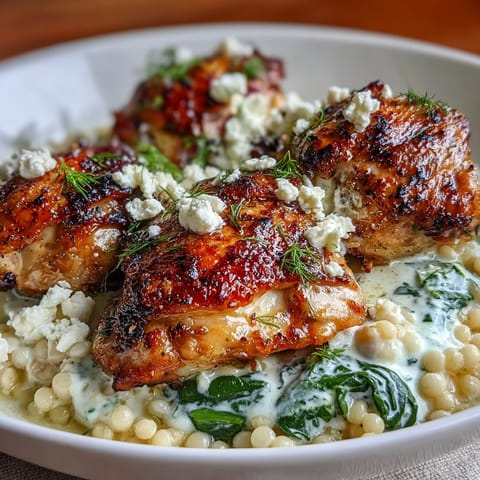 This hearty Creamy Greek Chicken & Pearl Couscous Bake is plated with a lemon wedge, showing the tender chicken and pearl couscous ready for a family dinner.