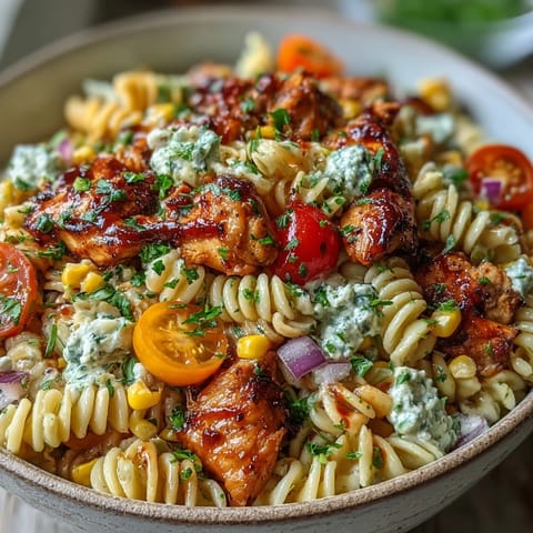 Tossed Honey BBQ Chicken Pasta Salad with creamy smoky dressing, crisp celery, sweet corn, and fresh parsley garnish, served on a rustic wooden table.
