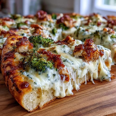 Slice of Garlic Parmesan Chicken & Broccoli Pizza showing creamy white sauce, tender chicken, and crisp broccoli florets.