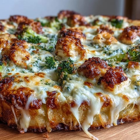 Freshly baked Garlic Parmesan Chicken & Broccoli Pizza shows golden crust, creamy sauce, and vibrant green florets.