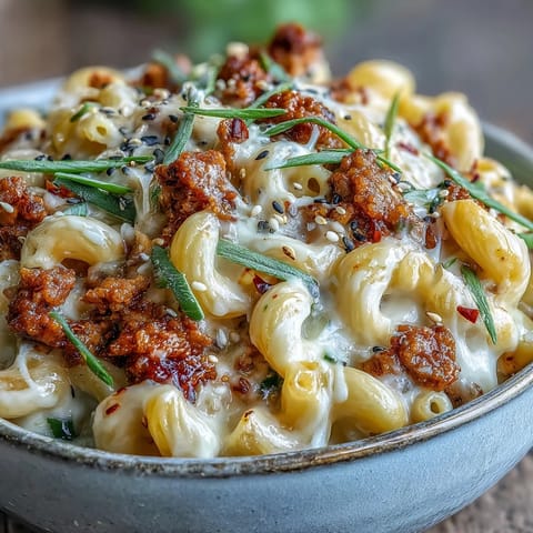 A close-up of Korean-Style Turkey Mac & Cheese highlights rich cheddar sauce and spicy gochujang-coated turkey.