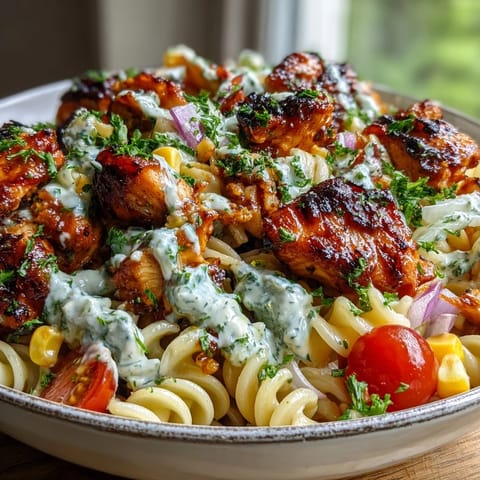 Cool, tossed Honey BBQ Chicken Pasta Salad featuring smoky chicken, crisp veggies, and a creamy dressing—ready for a summer picnic.