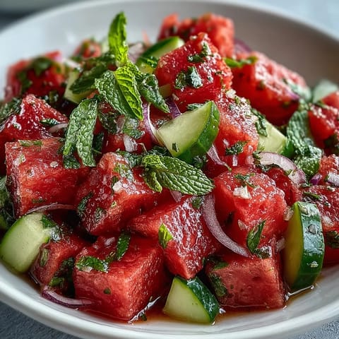 Freshly diced Summer Watermelon Cucumber Mint Salad in a white bowl, topped with sliced red onion and fresh mint leaves.